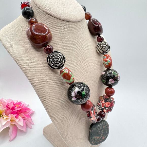 Handmade Chunky Beaded Necklace Unakite Cloisonné Ceramic Glass Eclectic Heavy - Picture 11 of 16
